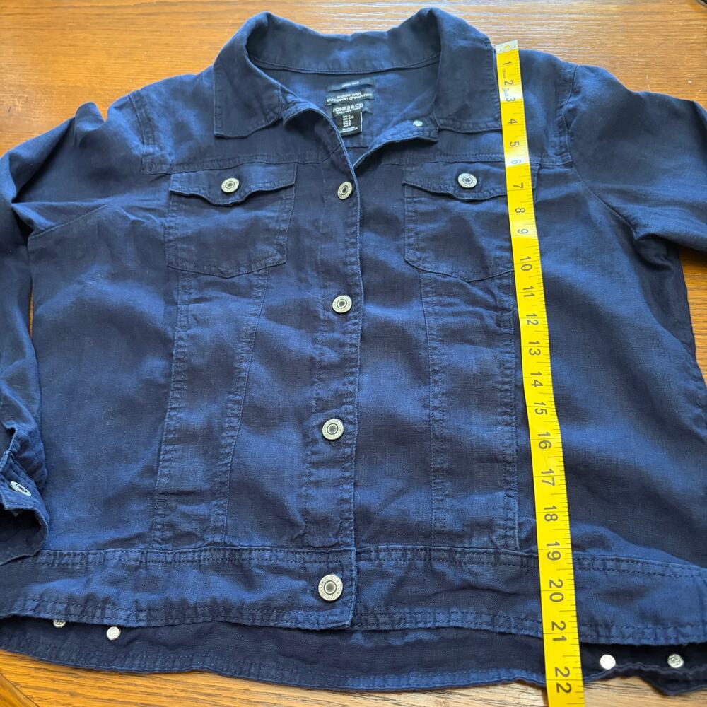 Jones & Co 100% Linen Navy Crop Trucker Jacket Nautical Coastal Minimalist L - Picture 7 of 8